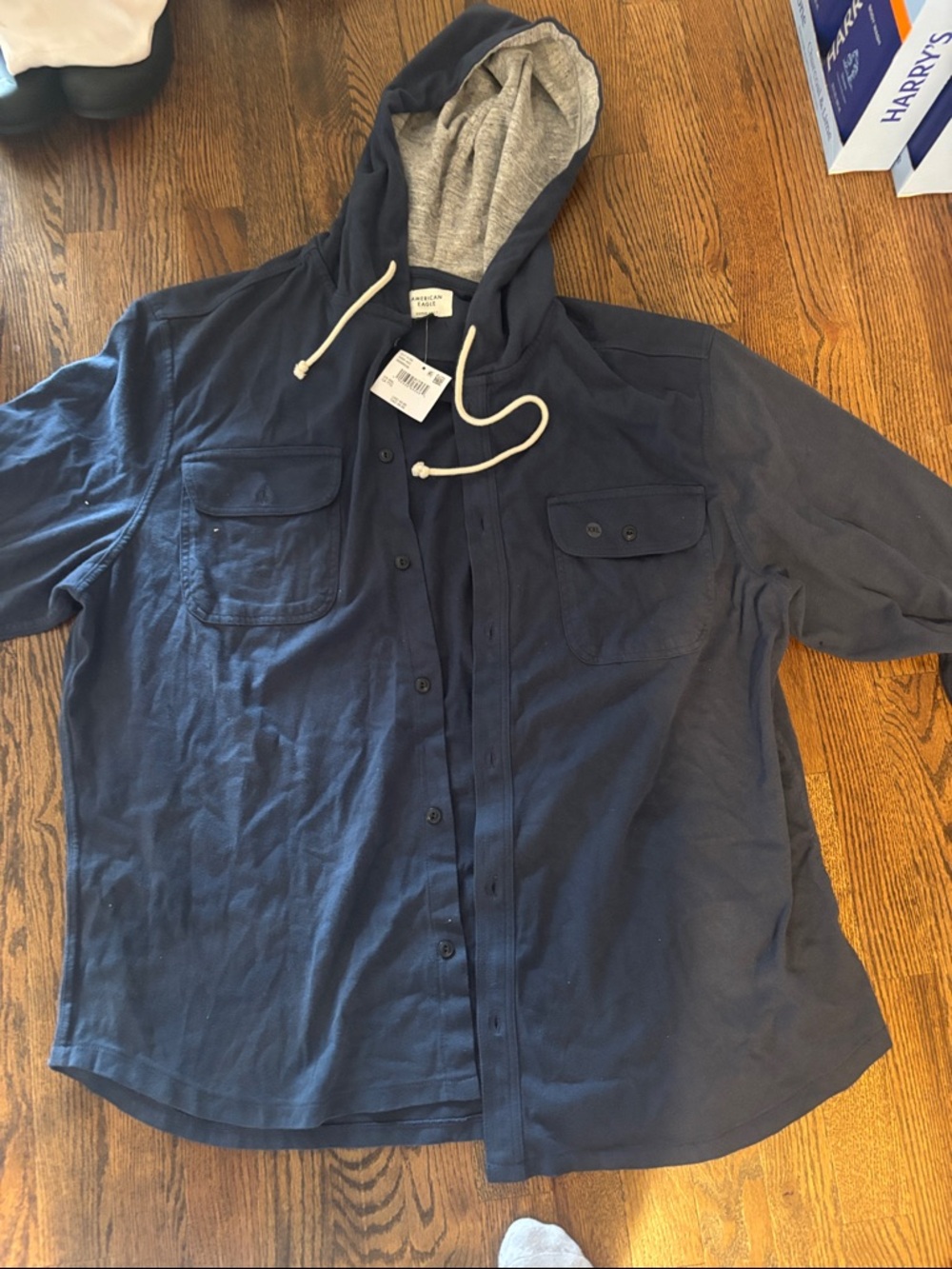 American Eagle Men's Navy Hooded Button-Up cotton shirt